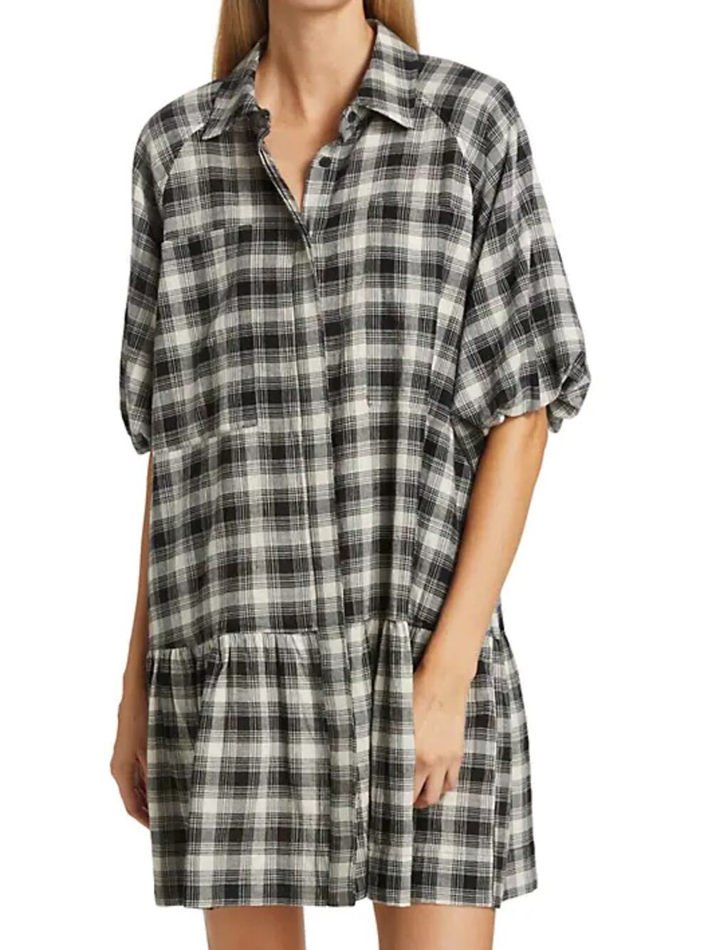Jonathan Simkhai Crissy Black Plaid Checkered Short Puff Sleeve Mini Shirt Dress